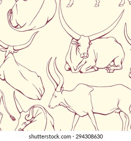 Vector seamless pattern with hand drawn african cows watusi. Ink drawing of beautiful horned animals that symbolize Africa. 