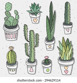 Vector seamless pattern with hand drawn cactus in white pot. Indoor plants. Green nature.