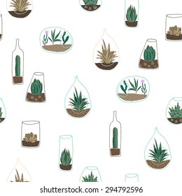 Vector seamless pattern with hand drawn cactus flower in glass terrarium. Scandinavian style. Succulents and plants. Good for wrapping paper, florist shop display design, surface texture, wallpaper.