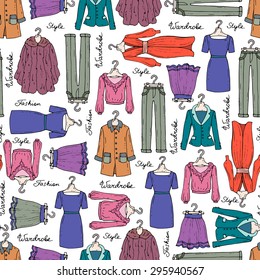 Vector seamless pattern with hand drawn isolated fashionable clothes for women. Pattern with dress, coat, skirt, jacket, trousers, fur. Background for use in design, web site, packing, textile, fabric