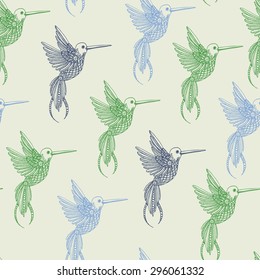 Vector seamless pattern with hand drawn hummingbird illustrations. Colorful colibri background