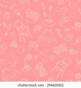 Vector seamless pattern with hand drawn isolated romantic symbols. Pattern on the theme of boudoir, female rooms on pink background. Background for use in design, web site, packing, textile, fabric