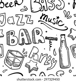 Vector seamless pattern with hand drawn icons words like jazz,music, bar, beer, party  on white background