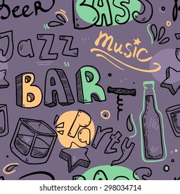 Vector seamless pattern with hand drawn icons words like jazz, music, bar, beer, party 
