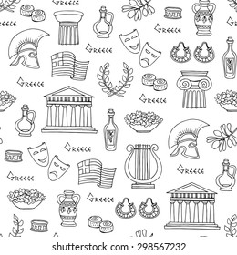 Vector seamless pattern with hand drawn symbols of Greece - columns, temple, amphora, harp, helmet, olive oil, laurel wreath on white. Background for use in design, web site, packing, textile, fabric