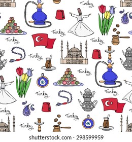 Vector seamless pattern with hand drawn symbols of Turkey. Pattern with flag, dancer, mosque, hookah, sweets, tea, coffee, tulips, beads. Background for use in design, web site, packing, fabric