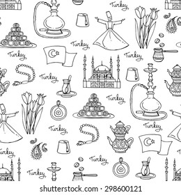 Vector seamless pattern with hand drawn symbols of Turkey - flag, dancer, mosque, hookah, sweets, tea, coffee, tulips, beads on white. Background for use in design, web site, packing, textile, fabric