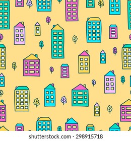 Vector seamless pattern with hand drawn doodle houses and trees. Bright colors - pink, blue, green, yellow. On yellow background.