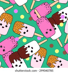 vector seamless pattern with hand drawn kawaii ice cream