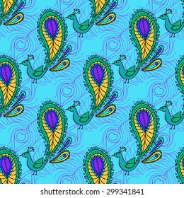 vector seamless pattern with hand drawn peacock