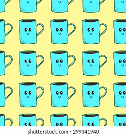 vector seamless pattern with hand drawn kawaii cup
