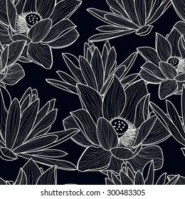 Vector seamless pattern with hand drawn beautiful lotus flower. Black and white floral line illustration background.