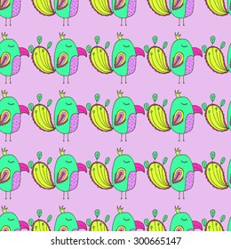vector seamless pattern with hand drawn funny birds