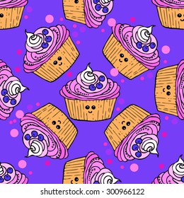 vector seamless pattern with hand drawn kawaii cake