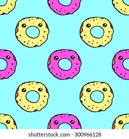 vector seamless pattern with hand drawn kawaii donut