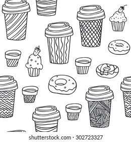 Vector seamless pattern with hand drawn plastic and paper coffee cups, donuts and cupcakes. Good for web page design, surface texture, bakery menu page.