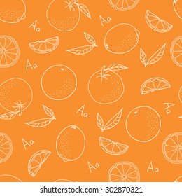 Vector seamless pattern with  hand drawn orange fruit and leaves.