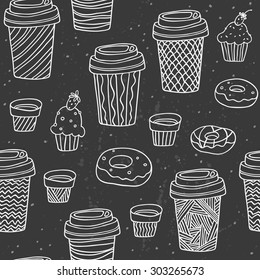 Vector seamless pattern with hand drawn plastic and paper coffee cups, donuts and cupcakes. Chalkboard concept design. Breakfast elements. Good for web page design, menu texture, surface background.