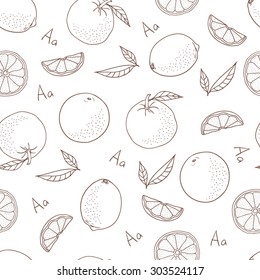 Vector seamless pattern with  hand drawn orange fruit and leaves on the white background.