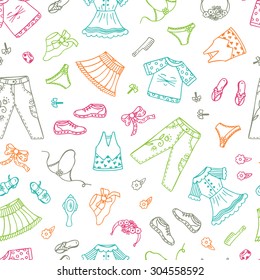 Vector seamless pattern with hand drawn Doodles Clothes and Accessories Little Girls 