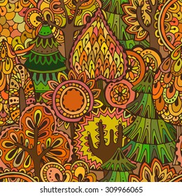 Vector seamless pattern with hand drawn doodle trees. Autumn illustration.