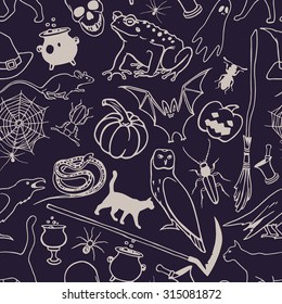 Vector seamless pattern with hand drawn creepy and comic images. Halloween design elements. Perfect for Halloween holiday prints and patterns.