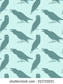 Vector seamless pattern with hand drawn creepy and comic images of owls and ravens. Halloween design elements. Perfect for Halloween holiday prints and patterns.