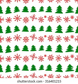 Vector seamless pattern with hand drawn Christmas trees and snowflakes. Beautiful Christmas design elements.