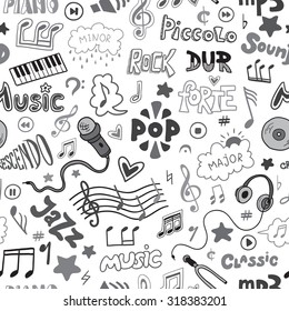 Vector seamless pattern of hand drawn doodles on a music theme. Colorless music symbols and word