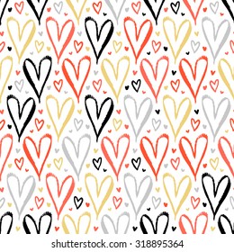 Vector seamless pattern with hand drawn hearts in cute pink color. Simple elegant, romantic background for Valentine day, Mothers day and other family events. Small ditsy chic print for textile design