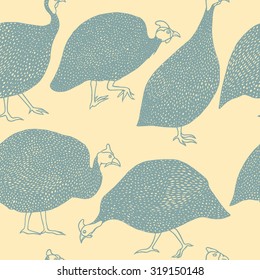 Vector seamless pattern with hand drawn guinea fowl. Beautiful design elements.