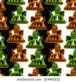 Vector seamless pattern with hand drawn robots. Green. Orange.