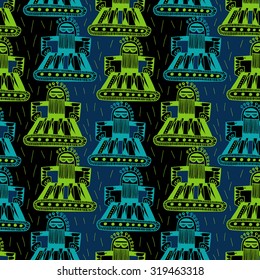 Vector seamless pattern with hand drawn robots. Green. Blue.