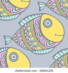 Vector seamless pattern with hand drawn doodle fish with ornament. Pastel colors - yellow, pink, green, white on light grey background. Nice design for kids and adult.