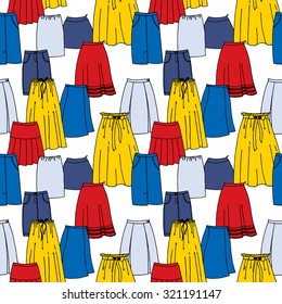 Vector seamless pattern of hand drawn fashion collection with different bright skirts. Background for use in design, web site, packing, textile, fabric