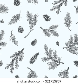 Vector seamless pattern with hand drawn pine branches and cones. Beautiful Christmas or winter design elements.