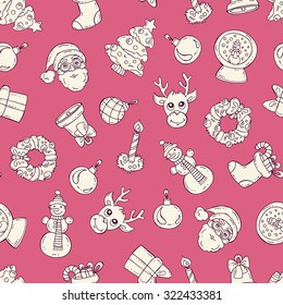 Vector seamless pattern with hand drawn and isolated symbols of Happy New Year and Christmas on pink color. Background for use in design, web site, packing, textile, fabric