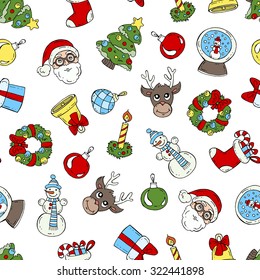 Vector seamless pattern with hand drawn and isolated symbols of Happy New Year and Christmas. Background for use in design, web site, packing, textile, fabric