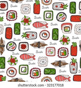 Vector seamless pattern with hand drawn and isolated sushi and rolls. Pattern on the theme of Japanese food. Background for use in design, web site, packing, textile, fabric, wallpaper