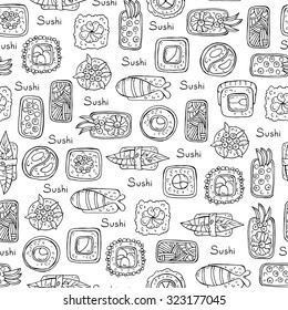 Vector seamless pattern with hand drawn sushi and rolls on white color. Pattern on the theme of Japanese food. Background for use in design, web site, packing, textile, fabric, wallpaper