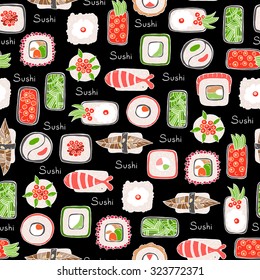 Vector seamless pattern with hand drawn sushi and rolls. Pattern on the theme of Japanese food on black. Background for use in design, web site, packing, textile, fabric, wallpaper