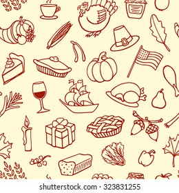 Vector seamless pattern with hand drawn Thanksgiving images. Thanksgiving design elements. Perfect for Thanksgiving holiday prints and patterns.