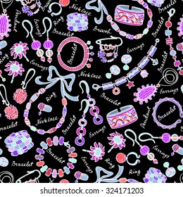 Vector seamless pattern with hand drawn and fashionable jewelry on black color. Background for use in design, web site, packing, textile, fabric