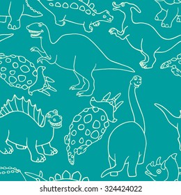 Vector seamless pattern with hand drawn funny dinosaurs characters. Sweet design elements, perfect for nursery.