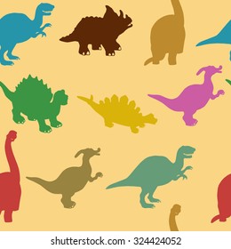 Vector seamless pattern with hand drawn funny dinosaurs characters. Sweet design elements, perfect for nursery.