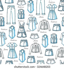 Vector seamless pattern with hand drawn and isolated jeans wear for women - jeans, skirt, shorts, shirt, jacket, dress, jacket, coverall. Background for use in design, packing, textile, fabric