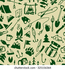 Vector Seamless Pattern With Hand Drawn Camping Design Elements.