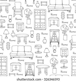 Vector seamless pattern with hand drawn furniture - sofa, chair, cabinet, lamp, table, curtain on white color. Pattern on the theme of interior. Background for use in design,  packing, textile, fabric