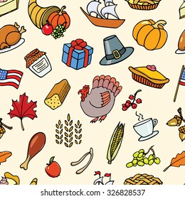 Vector seamless pattern with hand drawn colorful Thanksgiving images. Thanksgiving design elements. Perfect for Thanksgiving holiday prints and patterns.