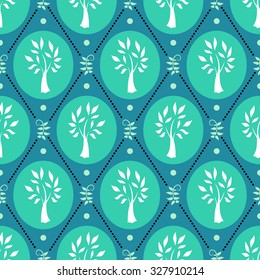 Vector seamless pattern with hand drawn trees and leaf silhouettes on medallions, dots and lines in blue green colors. Chic, elegant, natural print for spring summer fashion. Retro style wallpaper